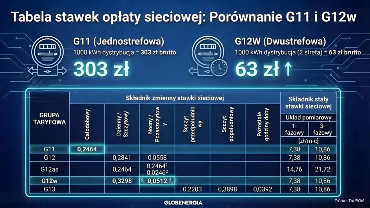 Porównanie taryf Tauron G11 i G12w: G11 kosztuje 303 zł za 1000 kWh, G12w 63 zł. Tabela zawiera cennik opłat sieciowych.
